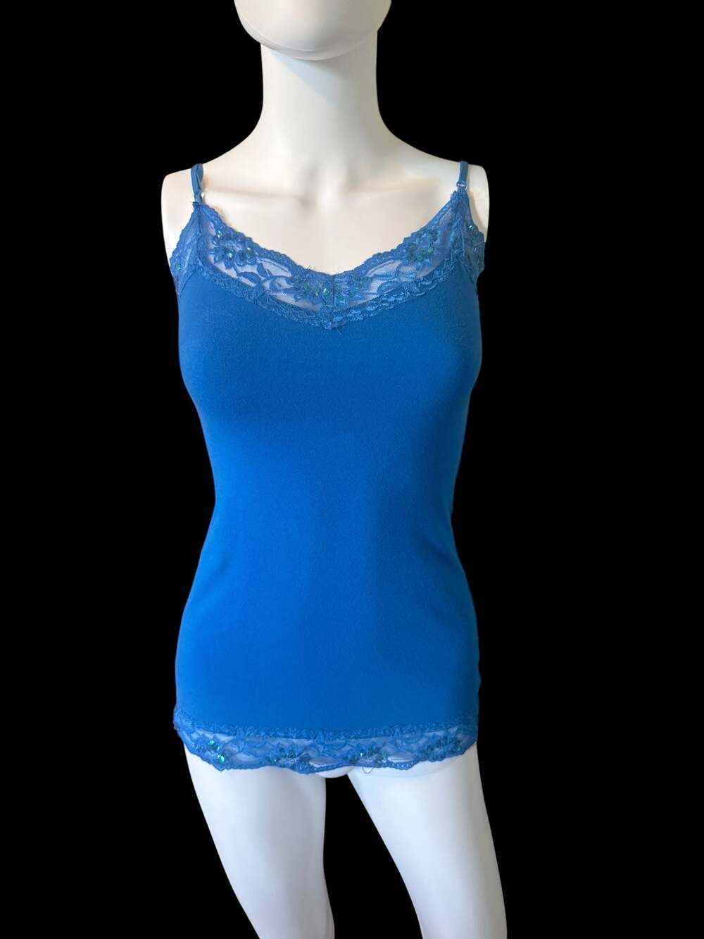 Y2K DEB Jr wmns LONG CAMI TANK Lace and sequins Trim BLUE Adj Straps Size M